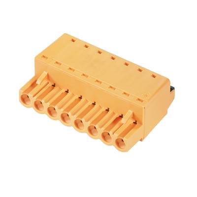 Ein orangener elektrischer Steckverbinder mit acht Anschlüssen, geeignet zum Verbinden von Kabeln in elektronischen Schaltungen.