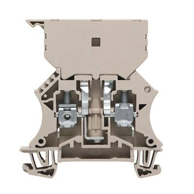 Ein beige-grauer Klemmenblock für elektrische Installationen, zeigt detaillierte Anschlüsse und Mechanismen zur Draufsicht.