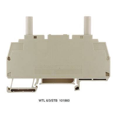 'Weidmüller Schutzleiterklemme WTL 6/3/STB 101860' ist eine beige Terminalblock-Komponente mit zwei Anschlussstiften, für elektrische Anwendungen.