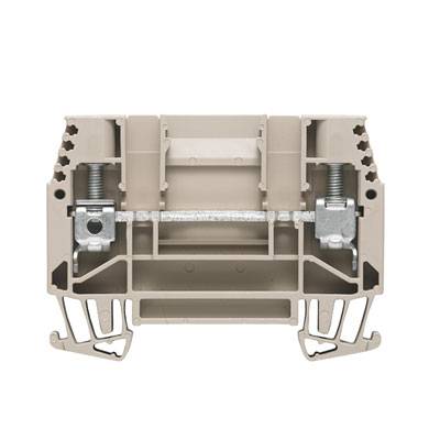 Beige elektrische Klemmschiene aus Kunststoff mit Metallverbindungen in der Mitte, zur Befestigung von Kabeln in elektrischen Installationen.