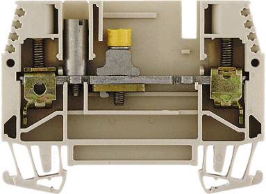 Querschnitt eines grauen elektrischen Klemmblocks mit Kupferverbindungen und Schrauben, die die Verbindung der Kabel ermöglichen.