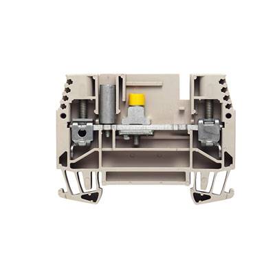 Klemmenblock in Beige mit Metallverbindungselementen und Schrauben, zur Befestigung auf einer DIN-Schiene in elektrischen Schaltschränken.