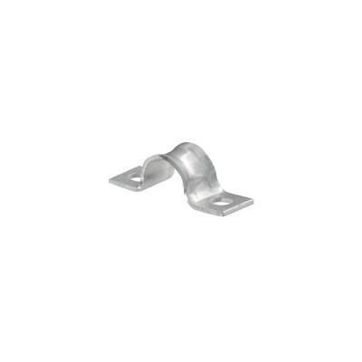 Metallbefestigungsschelle, gebogen, mit zwei Löchern zur Befestigung. Verwendet zur Fixierung von Rohren oder Kabeln an Oberflächen.