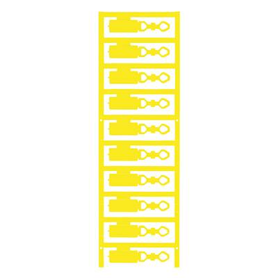 Zehn identische gelbe Kabelbinder in einer vertikalen Reihe, geeignet zur Befestigung und Organisation von Kabeln.