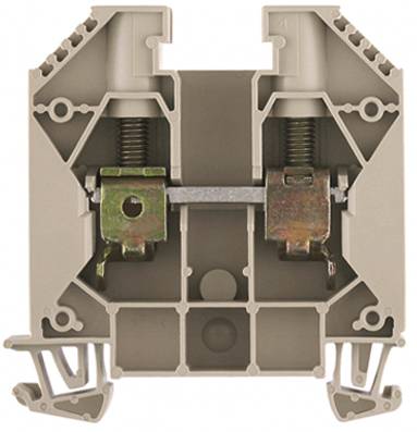 Klemmenblock aus Kunststoff mit Metallverbindung und Schraubmechanismen. Verwendet für elektrische Verbindungen in Schalttafeln.