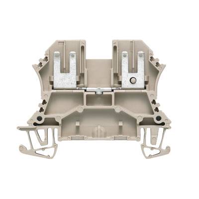 Zweistöckige Klemmleiste für elektrische Verbindungen, graue Farbe, mit zwei Klemmen oben, geeignet für die Montage auf einer Schiene.