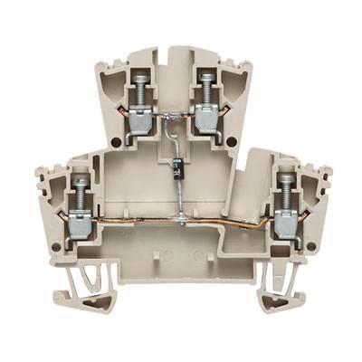 Eine graue elektrische Klemmenblockkomponente mit mehreren Anschlusspunkten, die für die sichere Verbindung von Drähten verwendet wird.