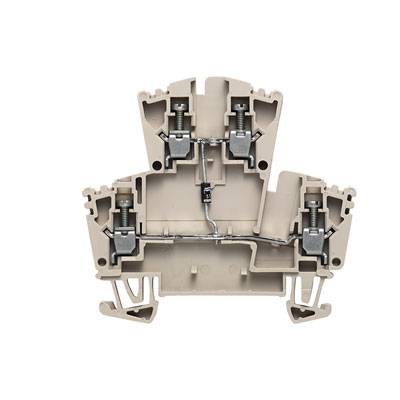 Kunststoff-Kabelklemme in grauer Farbe, zeigt einen Schnitt eines zweistöckigen Klemmendesigns mit Schraubverbindungen und metallischen Bauteilen.