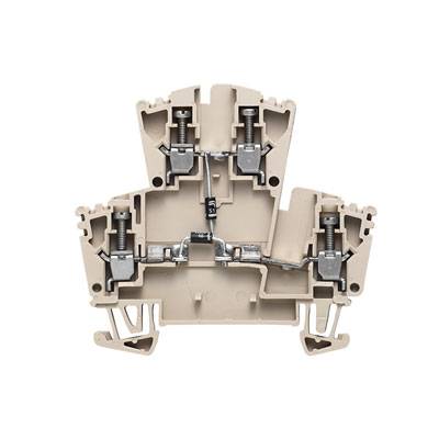 Elektrische Klemmenblock mit zwei Ebenen, Schraubverbindungen sichtbar. Beige Farbe. Hauptkomponente in elektrischen Schaltschränken.