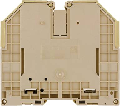 Abbildung eines beigen elektrischen Steckverbinders, teilweise quadratisch, mit mehreren schmalen Schlitzen und einem runden Sockel in der Mitte.