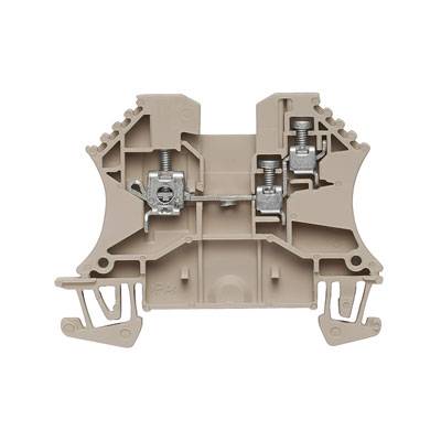 Ein grauer elektrischer Reihenklemmenblock mit Schraubanschlüssen. Dient zum sicheren Verbinden von Drähten in elektrischen Schaltungen.