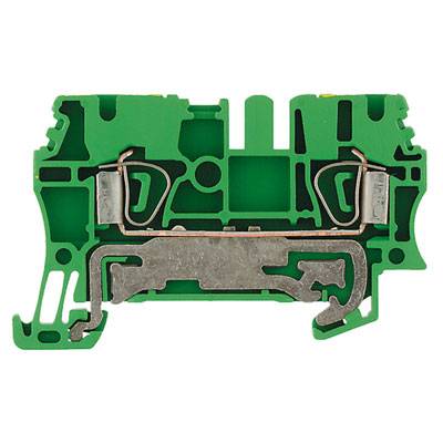 Grüner elektrischer Klemmenblock, Querschnitt mit Metallelementen zur Kabelverbindung.