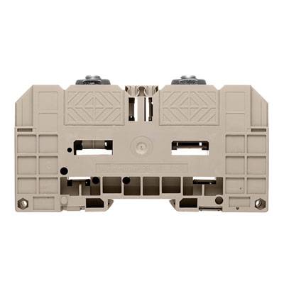 Ein beigefarbener elektrischer Reihenklemmenblock mit zwei Anschlusspunkten, üblicherweise zur sicheren Verbindung von Kabeln in elektrischen Schaltkästen verwendet.