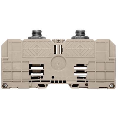 Ein beiger, rechteckiger Klemmenblock mit zwei Schraubverbindungen oben. Geeignet für elektrische Verkabelungen.