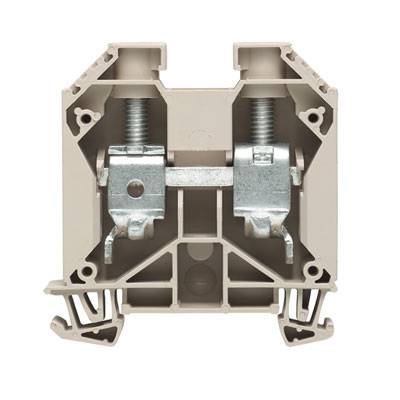 Ein beiger elektrischer Klemmenblock mit Schraubklemmen, die in Metallrahmen eingespannt sind.