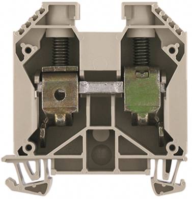 Ein grauer elektrischer Klemmenblock mit zwei Schraubklemmen und Metallverbindungen, verwendet für die Verdrahtung in Schaltanlagen.