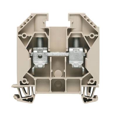 Graues, rechteckiges Klemmengehäuse mit zwei Metallklemmen in der Mitte, geeignet für elektrische Installationen.