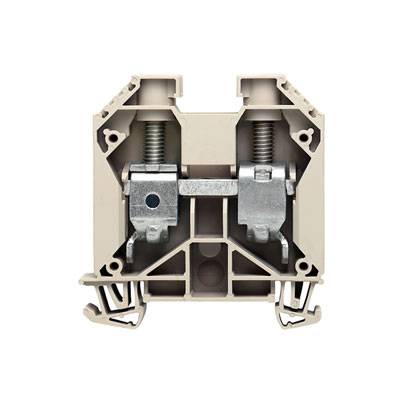 Ein beiger, rechteckiger Elektroklemmblock mit Metallklemmen in der Mitte, geeignet zur sicheren Befestigung von elektrischen Leitungen.