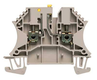 Graue elektrische Reihenklemme mit Metallverbindungen und Anschlüssen, geeignet zur sicheren Verkabelung in elektrischen Schaltschränken.