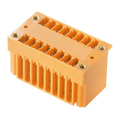 Ein orangefarbener Kunststoffstecker mit mehreren Anschlüssen, zur elektrischen Verbindung von Kabeln in einem Gerät oder Schaltkreis.