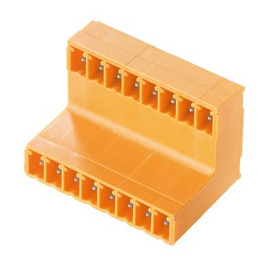 Oranger Kunststoffstecker mit mehreren Anschlussklemmen, in rechteckiger Form, geeignet für elektronische Verkabelungen.