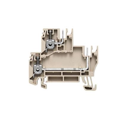 Querschnitt eines elektrischen Reihenklemmenblocks mit sichtbaren Schraubverbindungen und Leitungsführungen in einem beigen Gehäuse.