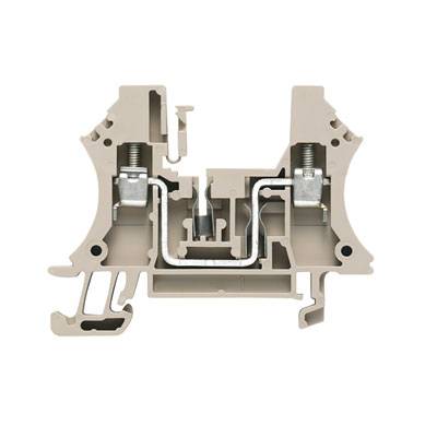 Ein Querschnitt eines elektrischen Reihenklemmenblocks, zeigt seine interne Verdrahtung und mechanische Verbindungselemente.