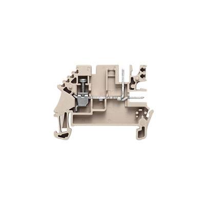 Ein Querschnitt eines beige-grauen elektrischen Klemmenblocks zeigt interne Metallverbindungen und Kunststoffstruktur.