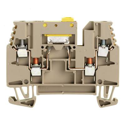 Ein elektrischer Klemmblock mit Schraubanschlüssen in einer rechteckigen Kunststoffhülle.