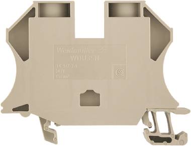 Klemmenblock aus grauem Kunststoff, oben mit der Aufschrift 'Weidmüller WDU 35N'. Eignet sich für elektrische Verdrahtung.