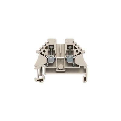 Eine graue Reihenklemme mit zwei Anschlüssen und metallischen Klemmteilen, geeignet für die Verwendung in elektrischen Schaltschränken.