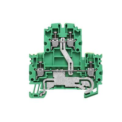 Ein grüner elektrischer Reihenklemmenblock aus Kunststoff mit Metallklemmen zur Befestigung von Drähten in einem Schaltschranksystem.