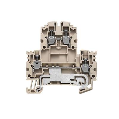 Ein beige Klemmenblock mit integrierten Schaltmechanismen und Metallkontakten, geeignet für den elektrischen Anschluss in Schalttafeln.