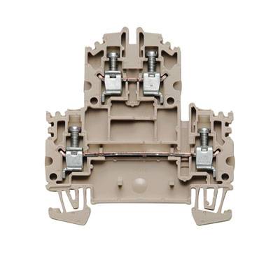 Ein beige elektrischer Reihenklemmenblock mit Schraubanschlüssen, geeignet für die Verbindung von elektrischen Leitungen.