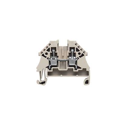 Ein Querschnitt einer zweistöckigen Reihenklemme aus Kunststoff mit metallischen Verbindern und seitlichen Halteklammern.