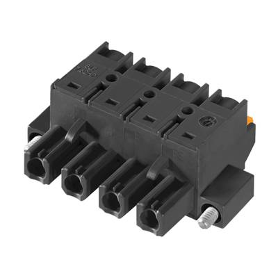 Schwarzes, mehrpoliges Steckverbindergehäuse mit vier Anschlusspunkten und Schraubmontageoption. Geeignet für elektronische Verbindungen.