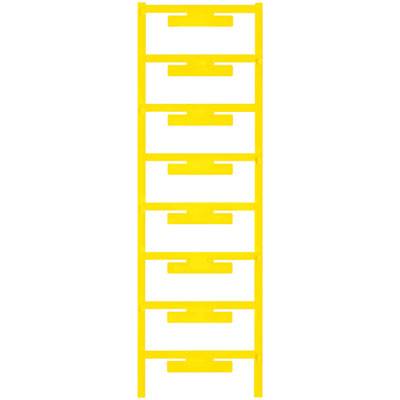 Eine gelbe Kunststoffleiter, vertikal platziert, mit seitlichen Haltelaschen für sicheren Halt an Rohren oder anderen Strukturen.
