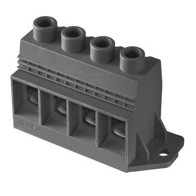 Graue elektrische Steckklemme mit vier Anschlussplätzen, horizontal angeordnet, zur sicheren Verbindung von Drähten in Schalttafeln.
