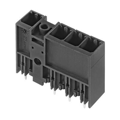 Schwarzer Kunststoffstecker mit mehreren Pins, geeignet für elektronische Verbindungen, auf weißem Hintergrund abgebildet.