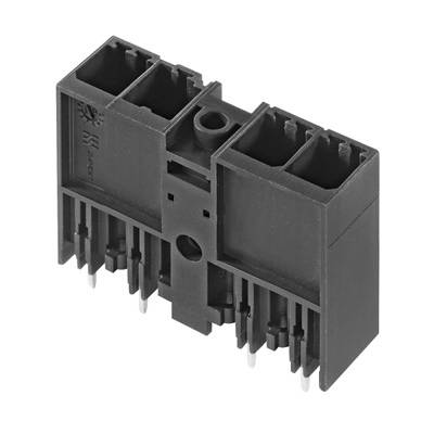 Ein schwarzer Kunststoffstecker mit mehreren Anschlussstiften, verwendet für den elektrischen Anschluss von Geräten oder Komponenten.