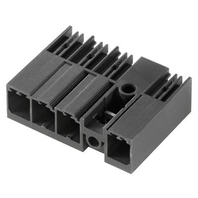 Schwarzer Kunststoffstecker mit vier rechteckigen Steckplätzen, verwendet für elektrische Verbindungen in technischen Geräten.