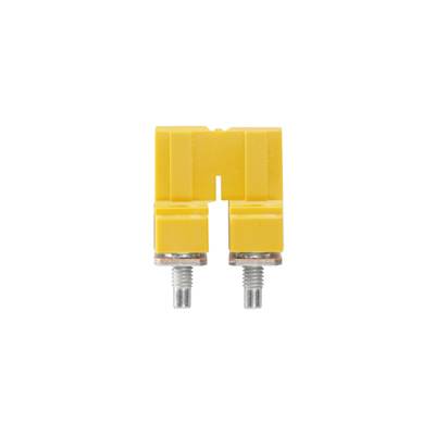 Ein gelber, U-förmiger elektrischer Steckverbinder mit zwei Schraubanschlüssen, zur Verbindung von elektrischen Leitungen.