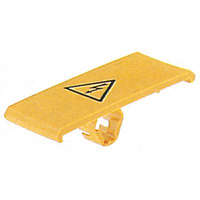 Gelbe Abdeckung mit einem schwarzen Warnsymbol, das auf elektrische Gefahr hinweist. Verwendet zur sicheren Abdeckung von elektrischen Anschlüssen.