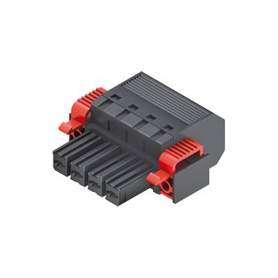 Schwarzer und roter Steckverbinder mit vier Anschlüssen. Wird in elektronischen Geräten verwendet, um Verbindungen sicherzustellen.
