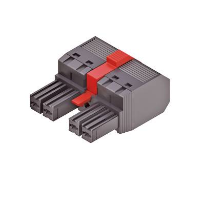 Ein grauer, rechteckiger Elektrotechnik-Stecker mit einem roten Verriegelungsclip. Er hat mehrere Anschlussmetalle auf der Vorderseite.