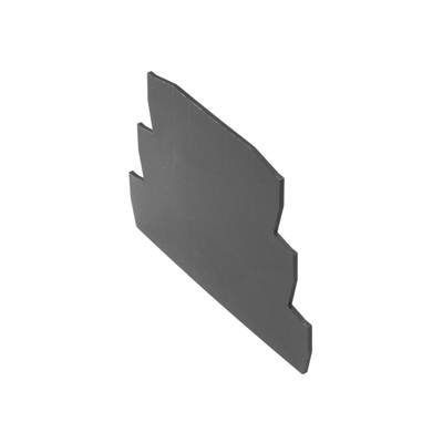 Graue Kunststoffabdeckung, rechteckig mit gestuften Kanten auf einer Seite, wohl als Abdeckung oder Schutz für elektrische Anwendungen gedacht.