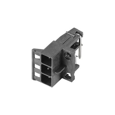 Ein schwarzer Kunststoffstecker mit vier rechteckigen Öffnungen und einem Verriegelungsmechanismus zur Befestigung in einem elektrischen System.
