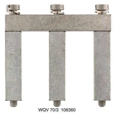 Metallische Bauteil-Komponente mit drei senkrechten Stäben und einer waagerechten Verbindung oben; darunter Seriennummer 'WQV 70/3 106360'.