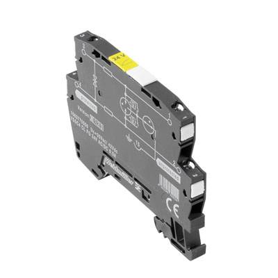 Ein schmaler, schwarzer elektronischer Schalter oder Modul mit aufgedruckten technischen Zeichnungen und Markierungen, geeignet für 24V.