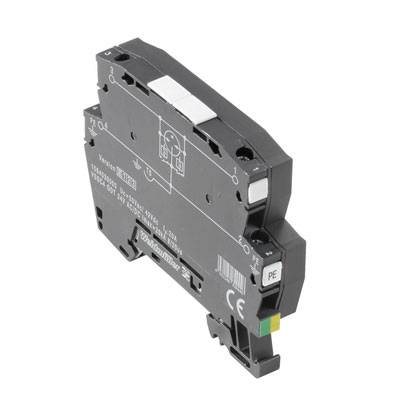 Das Bild zeigt ein schwarzes elektrisches Bauteil mit der Aufschrift 'Phoenix Contact MINI-PS-100-240AC/24DC/1'.